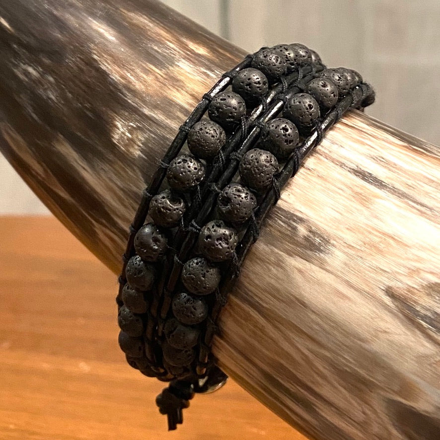 Black Lava Stone + Black Leather with 925 Silver - Spirit Wrist Roam - Spirit Wrist