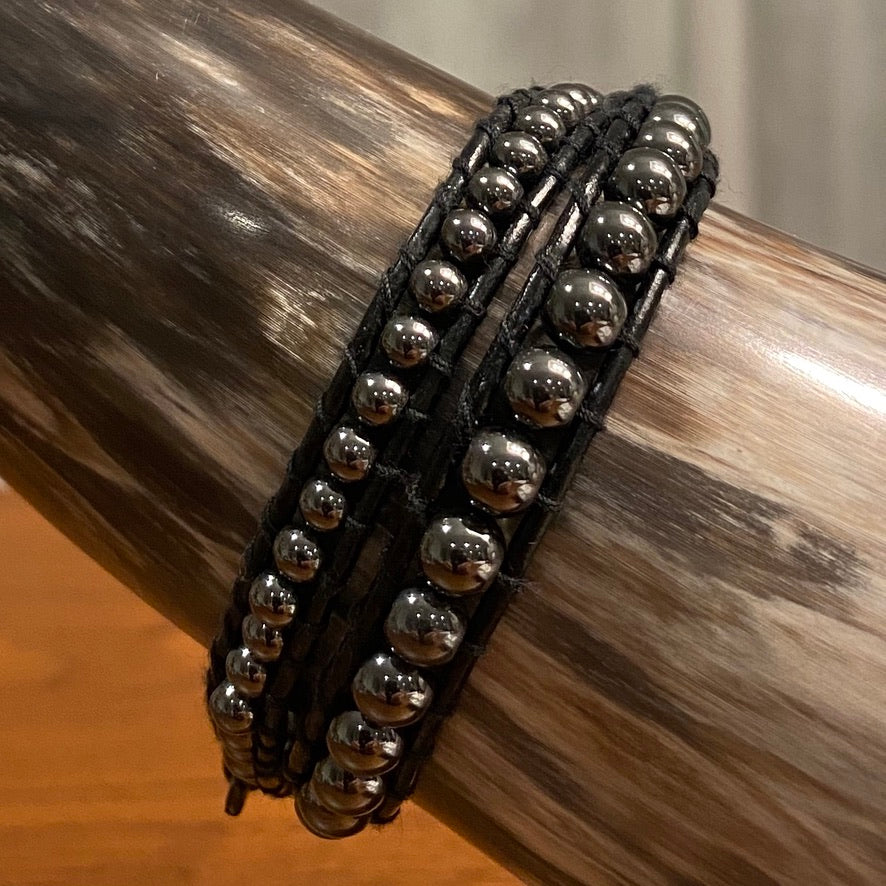 Black Hematite + Black Leather with 925 Silver - Spirit Wrist Orion - Spirit Wrist