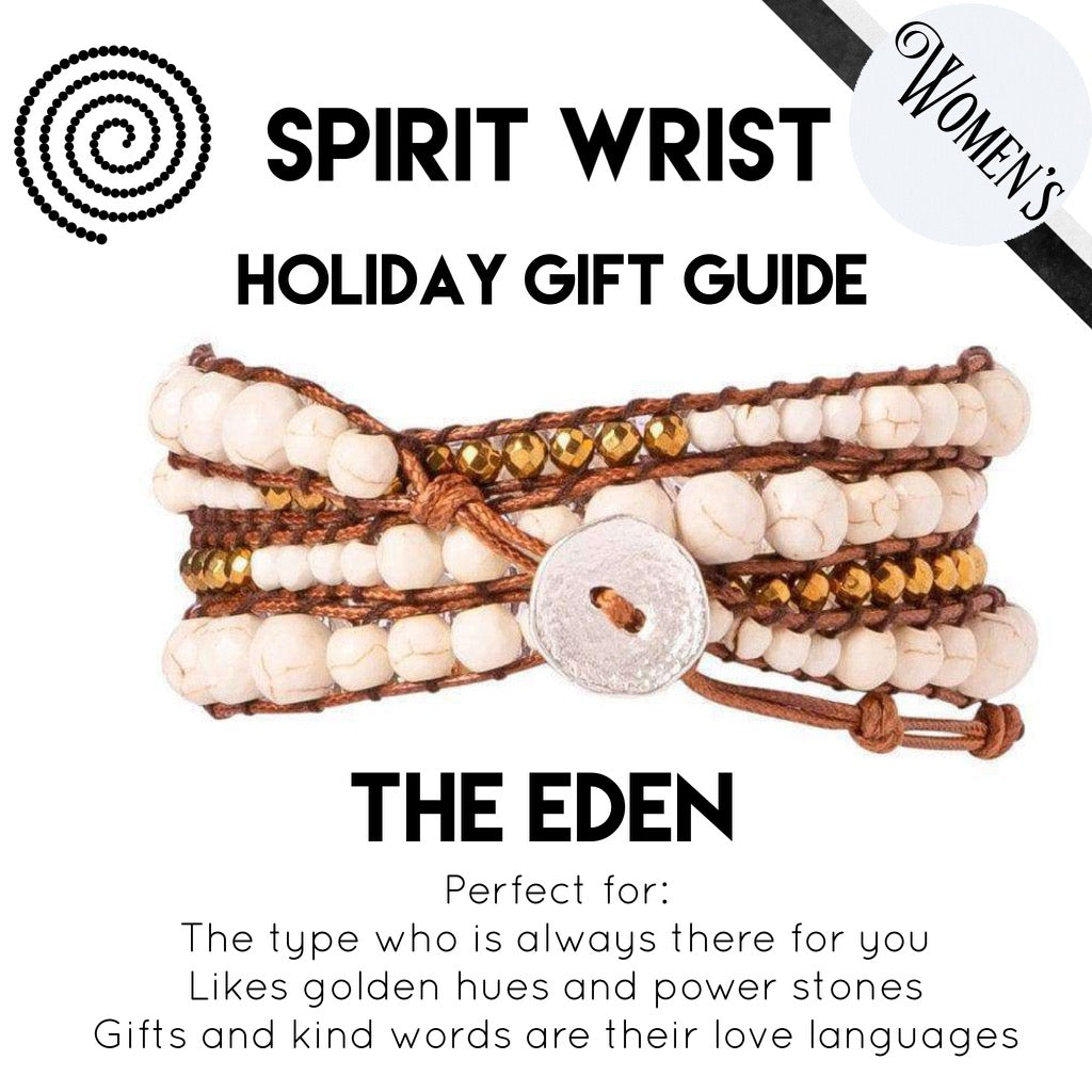 White Stone, Gold Hematite + Brown - Spirit Wrist Eden Boho Wrap Bracelet - Spirit Wrist