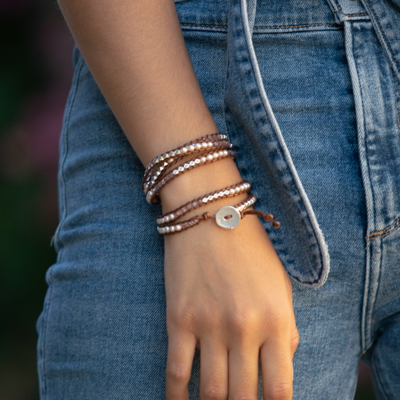 Rose Jade, Pink Pearl + Silver Zinc - Spirit Wrist Kassandra Boho Wrap Bracelet - Spirit Wrist