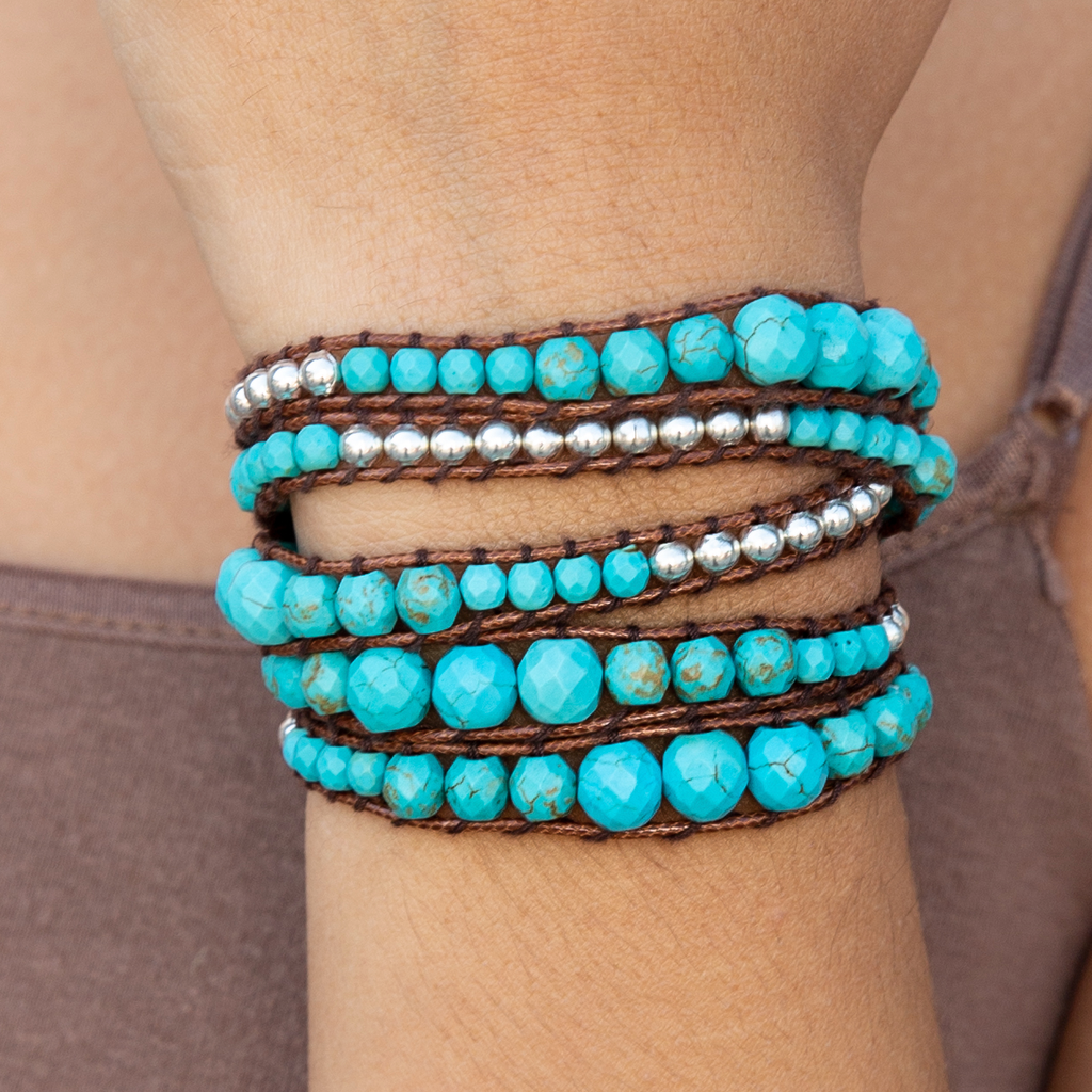 Turquoise Bead + Silver Zinc - Spirit Wrist River Boho Wrap Bracelet - Spirit Wrist