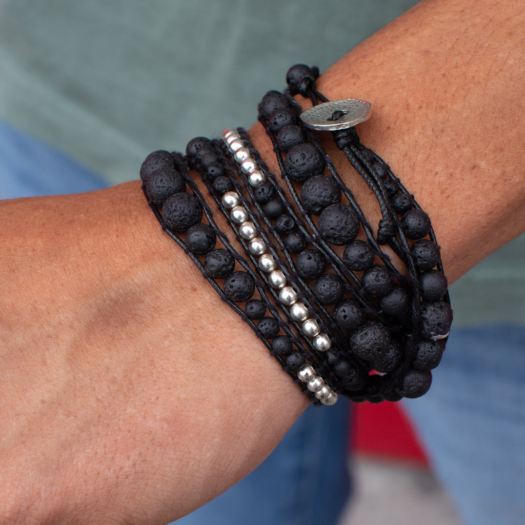 Black Lava Stone + Silver Zinc - Spirit Wrist Narmada Mens Bracelet - Spirit Wrist