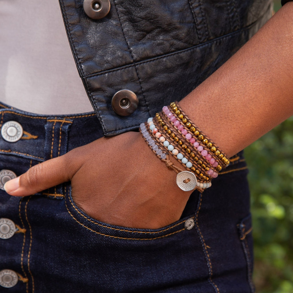 Moonstone + Pink Jade, Hematite, Jasper - Spirit Wrist Aeren Boho Wrap Bracelet - Spirit Wrist