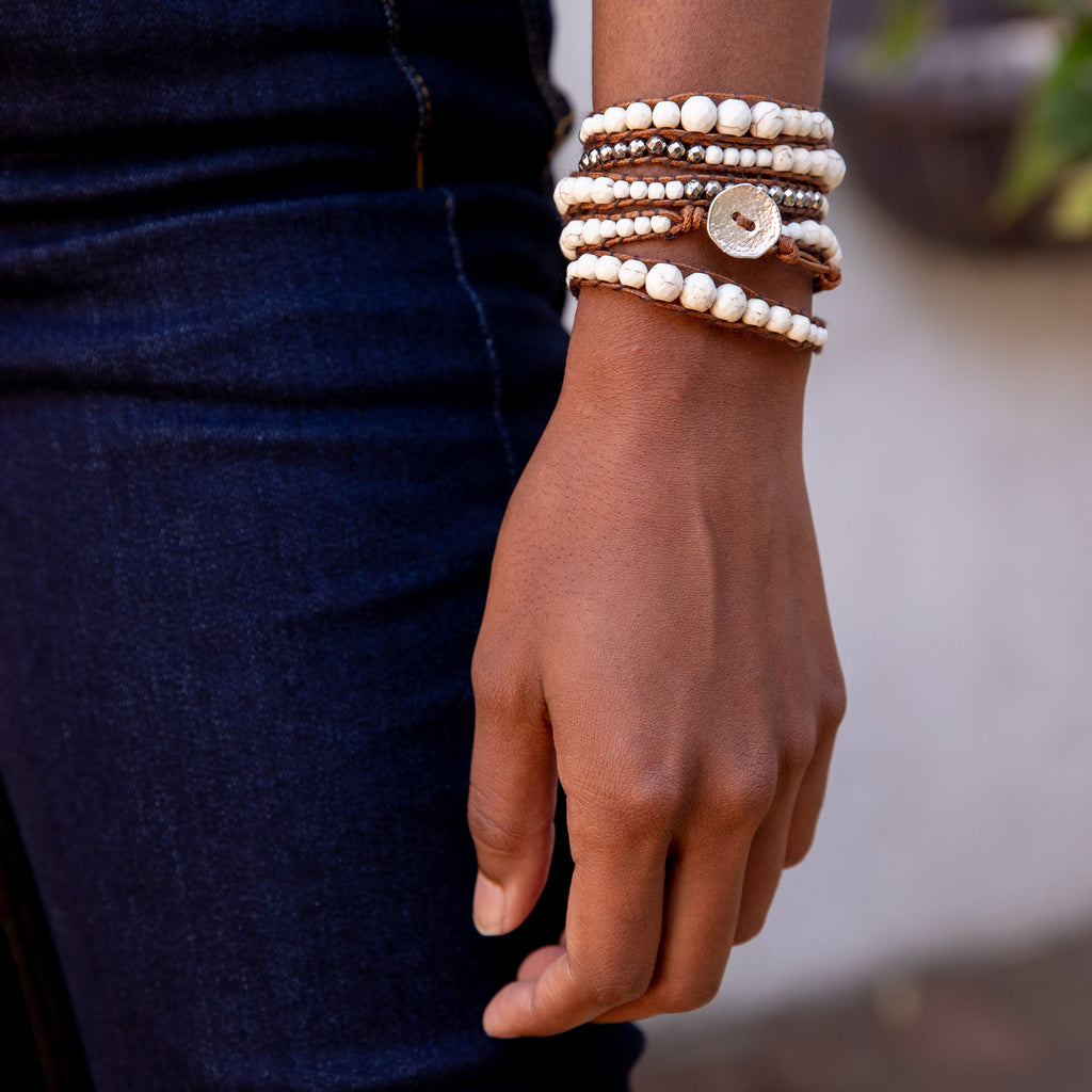 White Stone, Silver Hematite + Brown - Spirit Wrist Sloan Boho Wrap Bracelet - Spirit Wrist