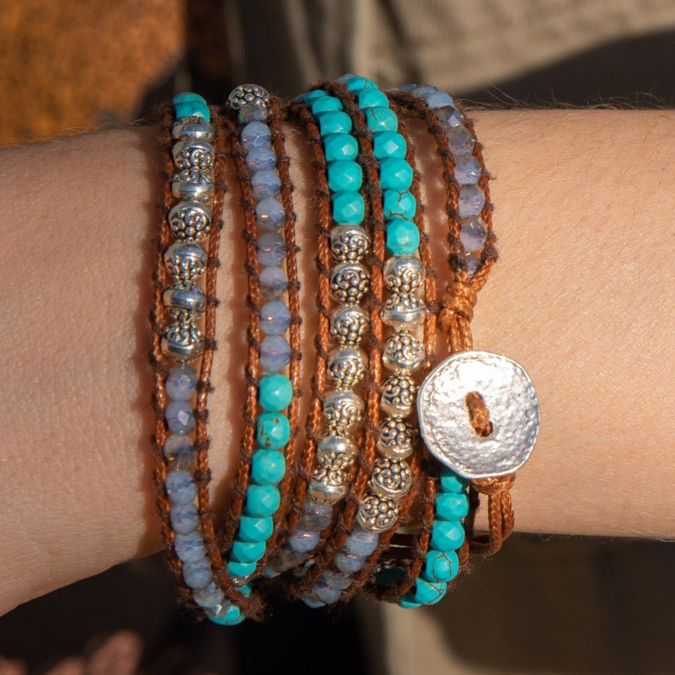 Turquoise Bead, Sky Crystals, Silver Zinc + Brown - Spirit Wrist Kai Boho Wrap Bracelet - Spirit Wrist