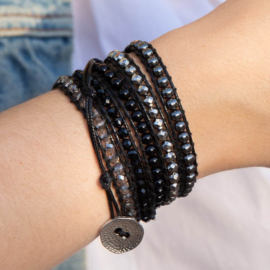 Black Onyx, Silver + Black Hematite - Spirit Wrist Reilly Boho Wrap Bracelet - Spirit Wrist
