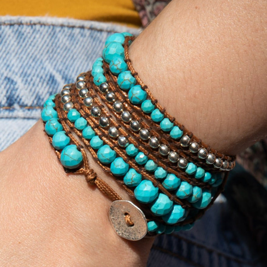 Turquoise Bead + Silver Zinc - Spirit Wrist River Boho Wrap Bracelet - Spirit Wrist
