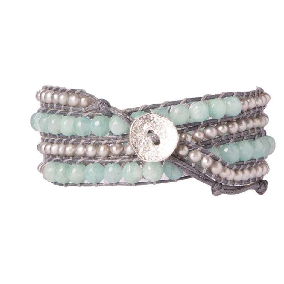 Aquamarine Jade + Gray Pearl - Spirit Wrist Magnolia Boho Wrap Bracelet - Spirit Wrist