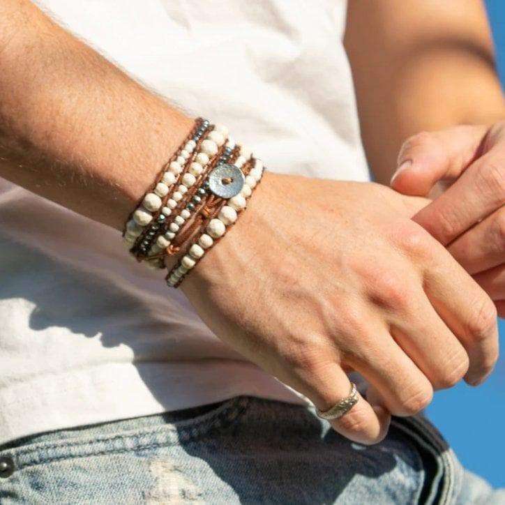 White Stone, Silver Hematite, Brown - Spirit Wrist Sloan Mens Bracelet - Spirit Wrist