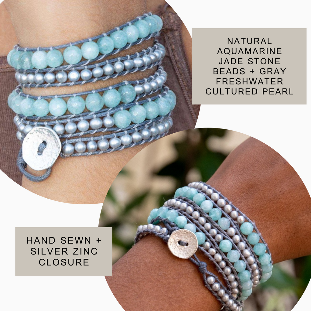 Aquamarine Jade + Gray Pearl - Spirit Wrist Magnolia Boho Wrap Bracelet - Spirit Wrist